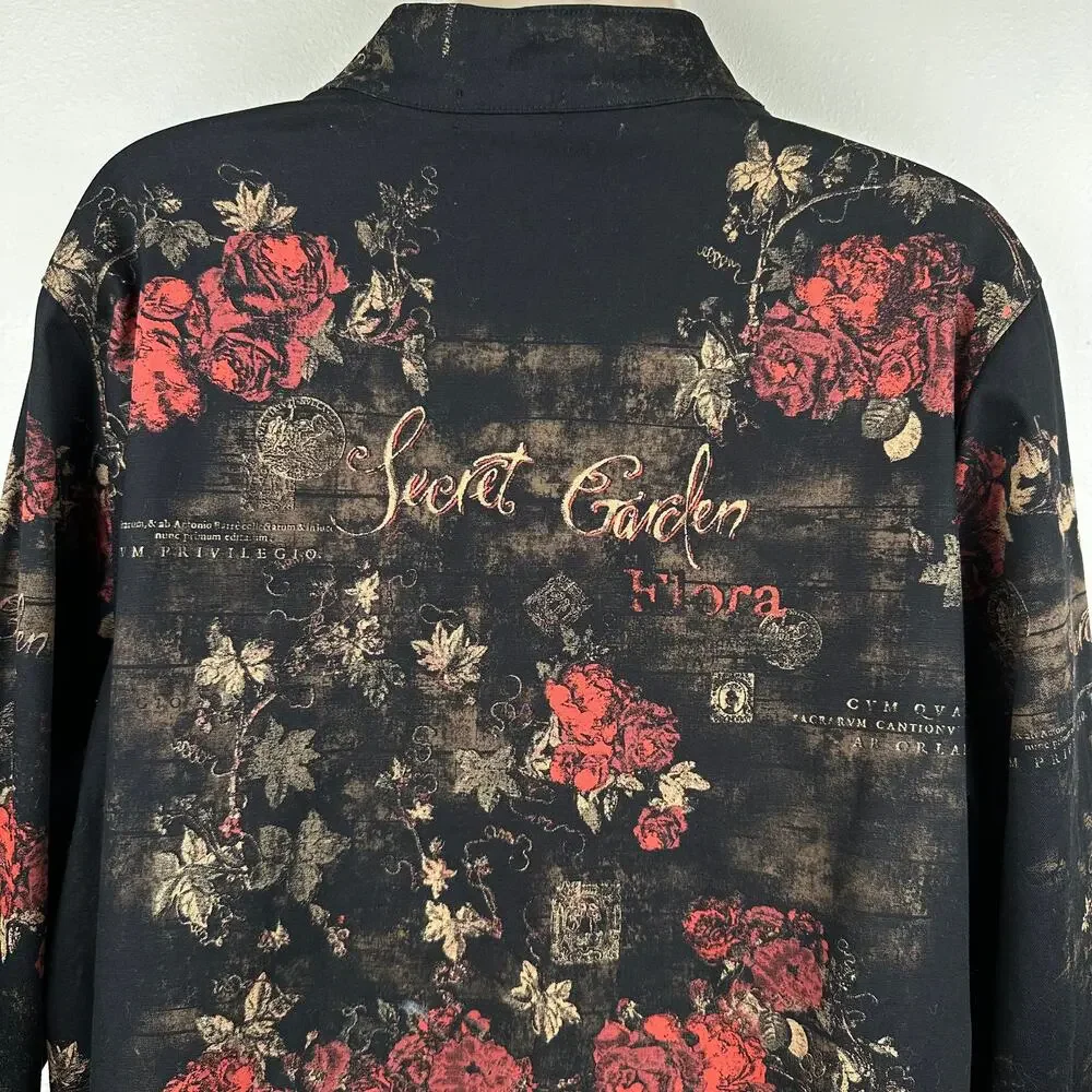 VTG Cactus Jacket Blazer Full Zip Secret Garden Floral Rinestones Black L Artsy - Picture 8 of 13